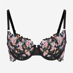 Savage X Fenty Black Lace Underwire Bra with Pastel Floral Embroidery